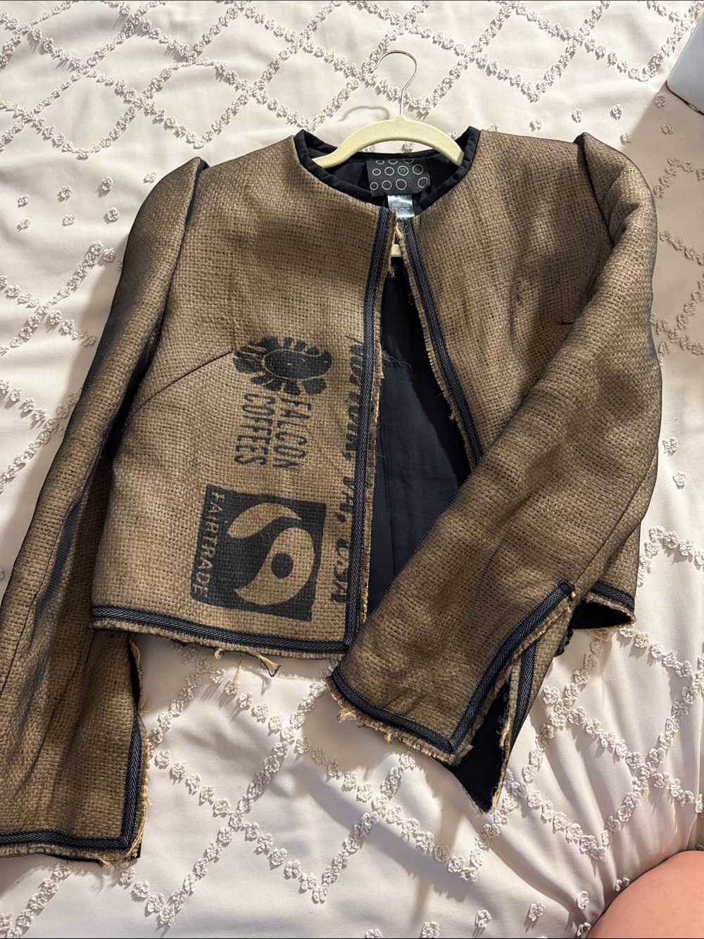 Beate Heymann 
Upcycled Burlap Crop Jacket with Graphic Print